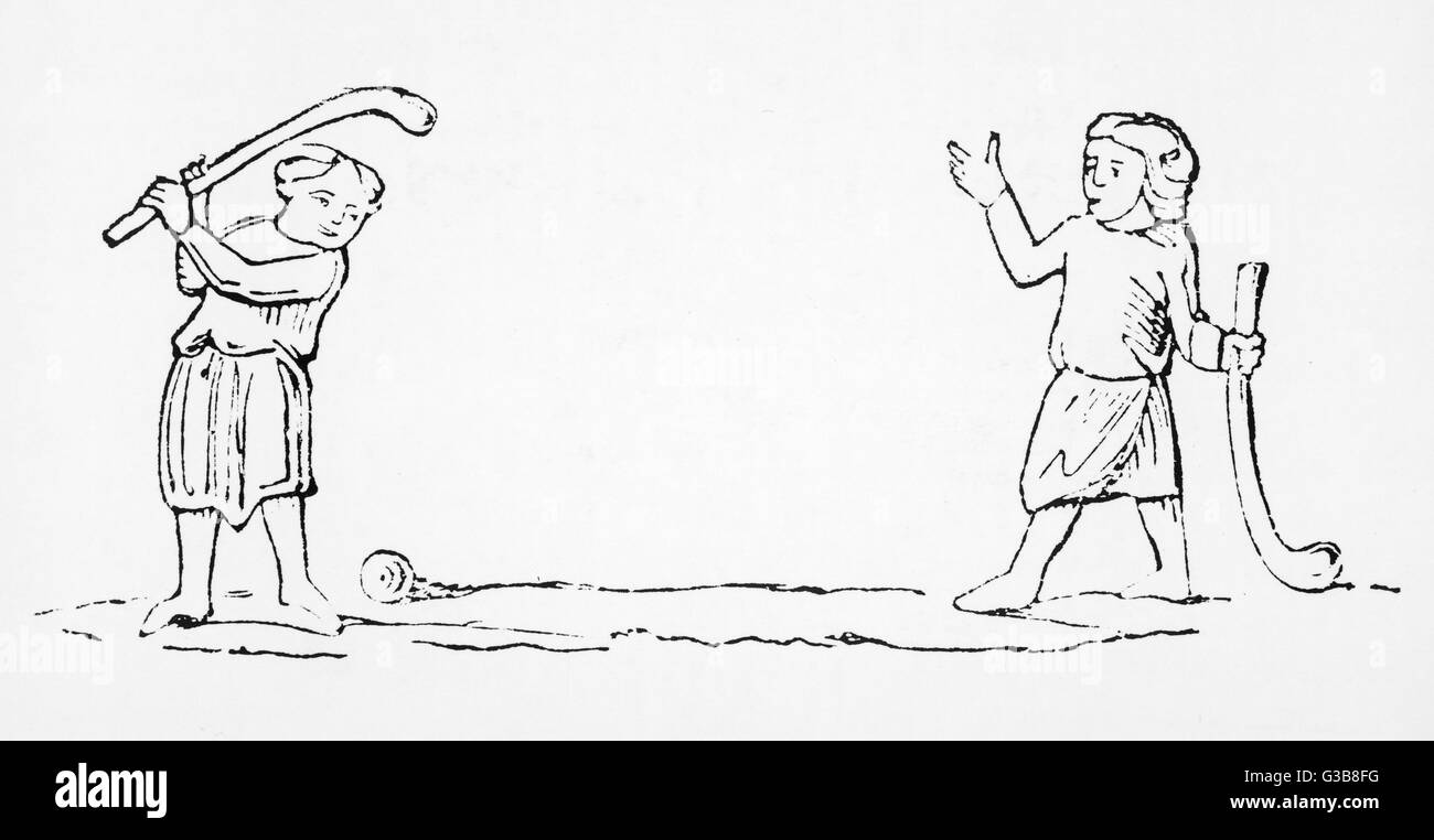 Zwei Männer spielen Sie eine Partie "Bandy-Ball", eine primitive Form des Golfsports.        Datum: mittelalterliche Stockfoto