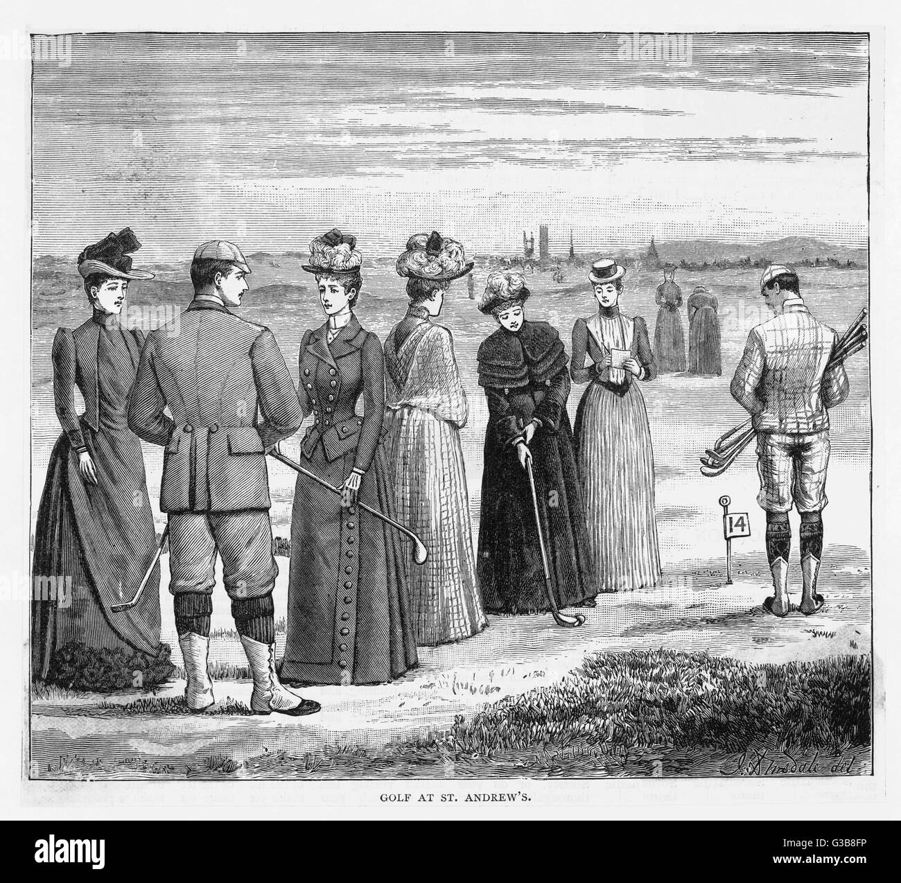 Schön gekleideten Damen spielen Sie eine Partie in St. Andrews, Schottland; eine Dame aus putts auf dem vierzehnten Loch (beachten Sie die doppelten grün, das mit dem vierten Loch geteilt wird).     Datum: 1889 Stockfoto