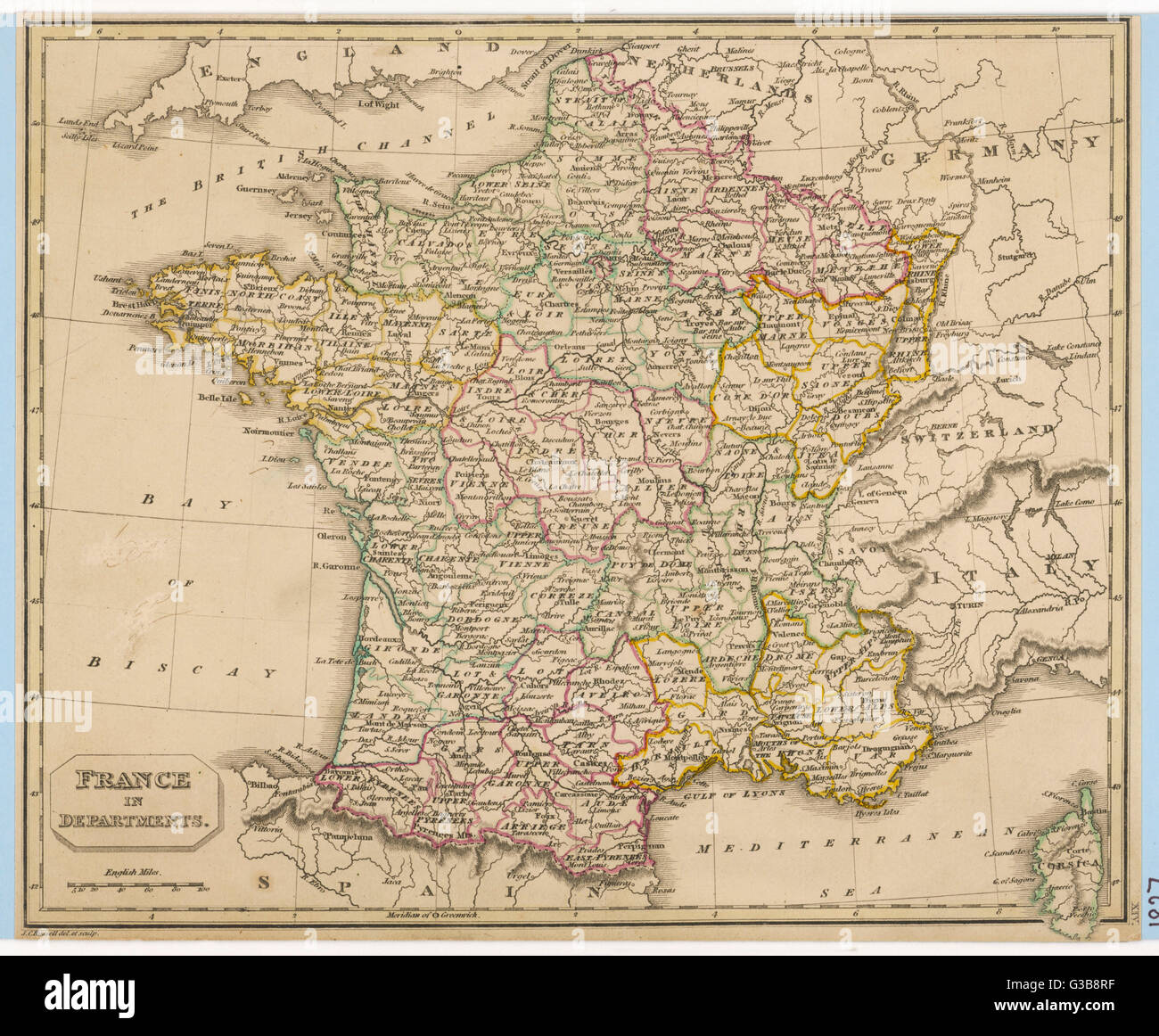 Karte von Frankreich zeigt die Departemente Datum: 1827 Stockfoto