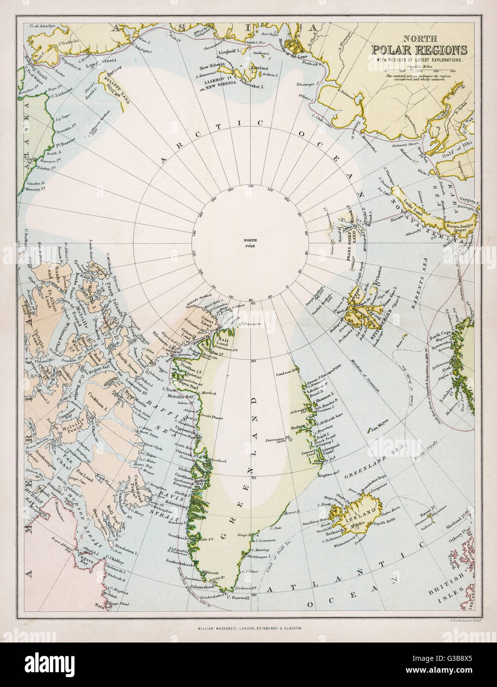 Karte des nördlichen Polarkreises mit Details der Erkundungen Datum: um 1880 Stockfoto