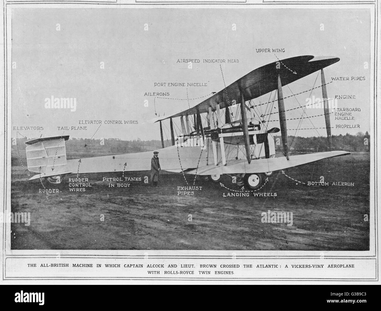 Die Vickers "Vimy' in dem Kapitän Alcock und Lieutenant Brown die erfolgreich erste Überquerung des Atlantiks mit dem Flugzeug machte.     Datum: 15. Juni 1919 Stockfoto