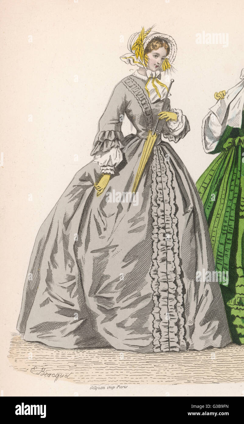 1882Darstellung der 1840erJahre Mode Kleid de Cutaway in grau mit