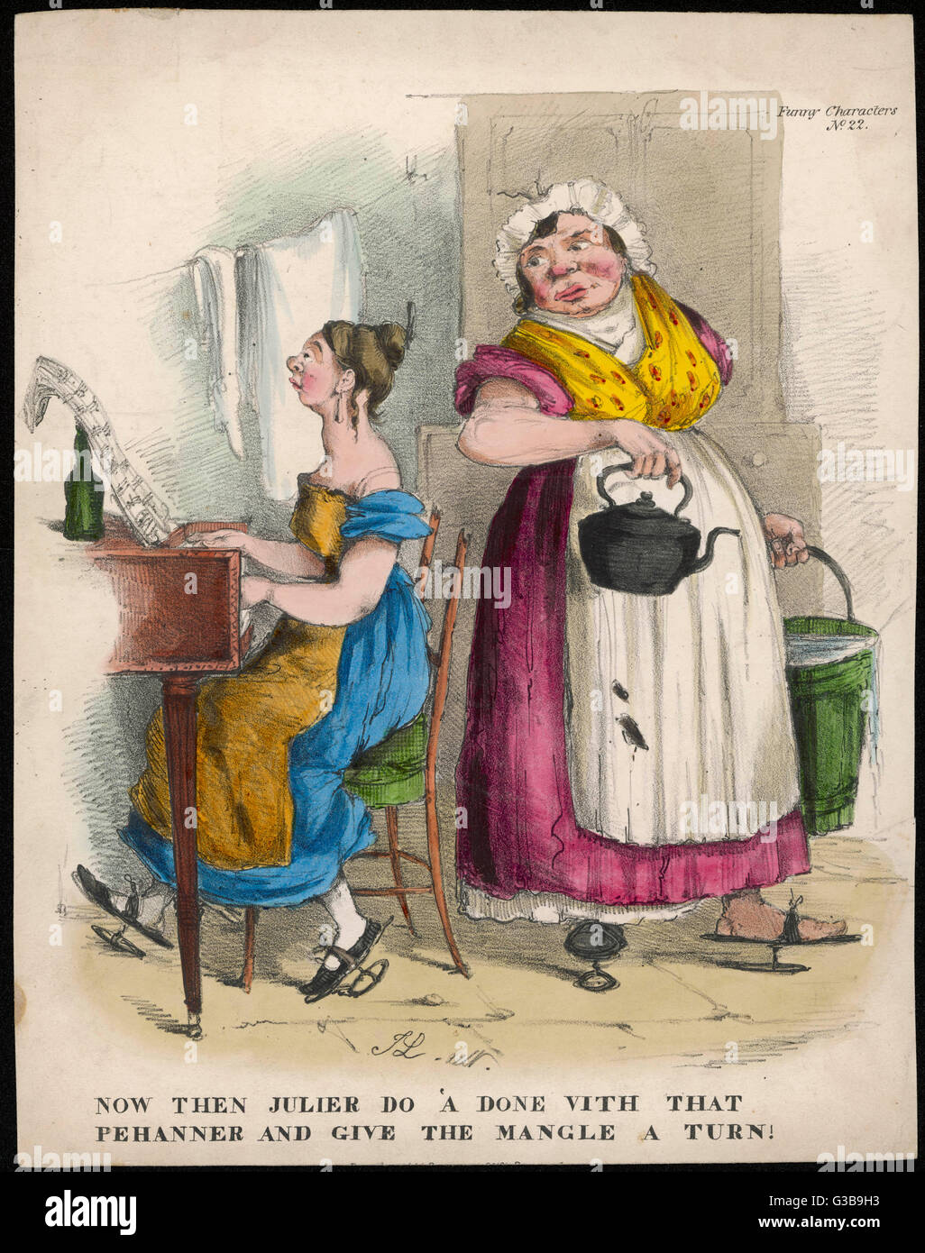 Ein Working Girl imitiert die vornehmen Leistungen der jungen Damen. Ihr  Kleid ist niedrig geschnitten mit Puffärmeln &amp; wird mit einer groben  Schürze getragen. Beide Frauen tragen Holzschuhen. Datum: 1837-1838  Stockfotografie - Alamy