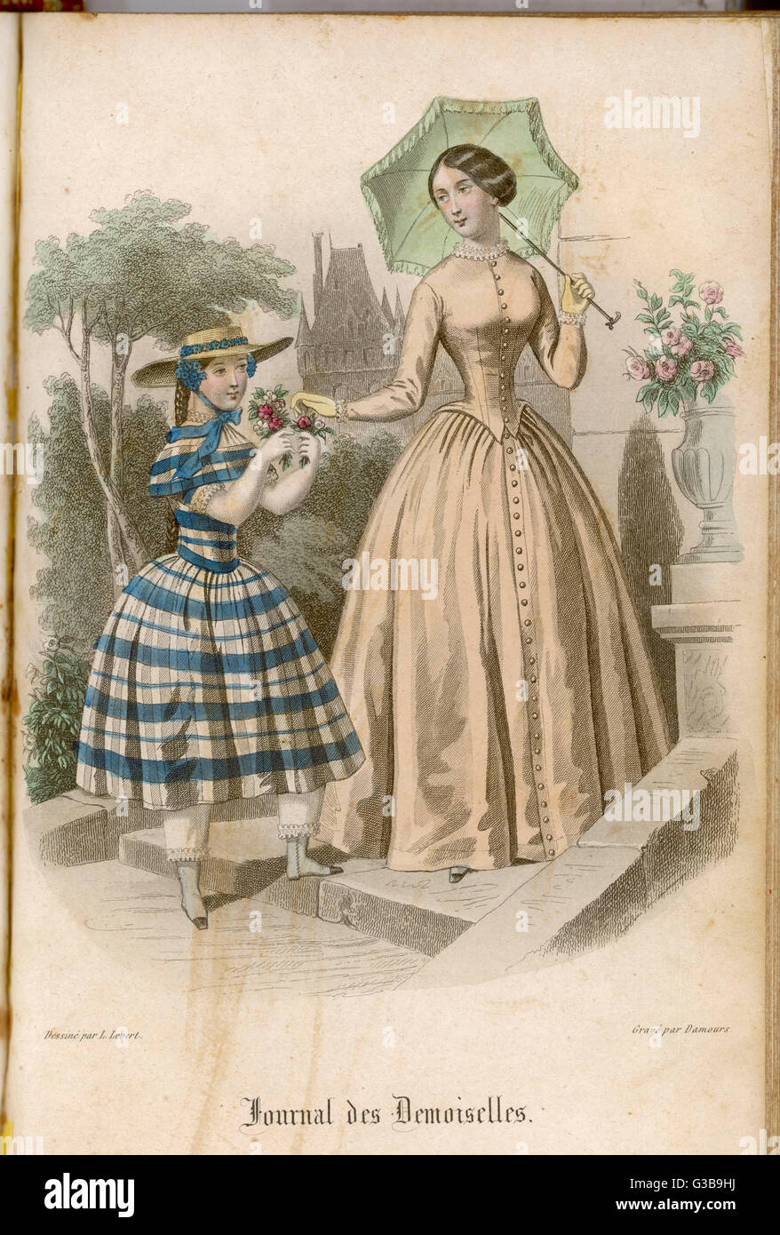 Kleid mit einem einfachen Rock, die das Center zu Tasten, Jacke / Caraco Corsage zugeknöpft hoch bis zum Hals, enge Ärmel, Rüschen an Hals und Bündchen, grünen Sonnenschirm.     Datum: 1846 Stockfoto