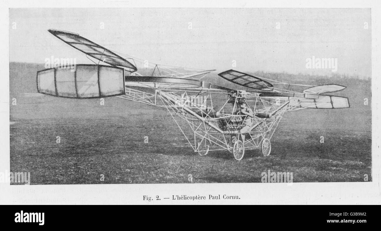 Französische Designer Paul Cornu Hubschrauber, mit seinem Schöpfer an den Schalthebeln sitzt.       Datum: 1908 Stockfoto