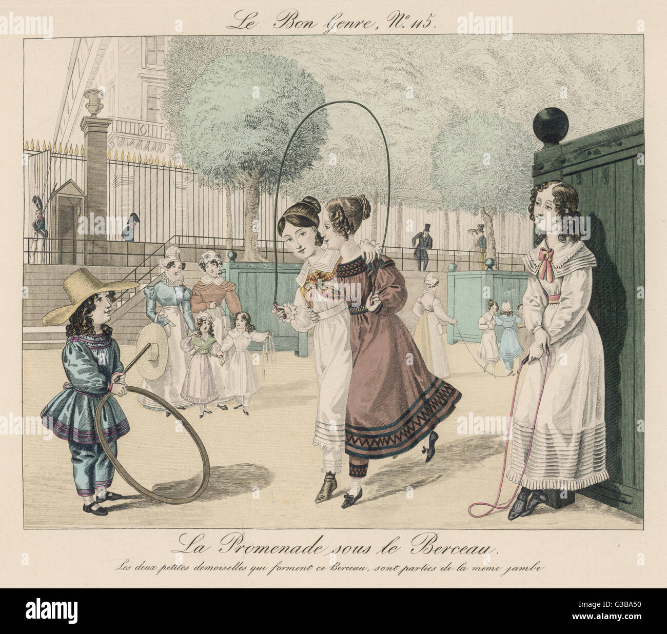 Junge Mädchen tragen Pantalettes &amp; Kleider mit dekorierten Saum, Gigot Hülsen &amp; Bänder an der Taille. Zwei der Kleider haben quadratische Halsbänder.      Datum: 1820er Jahre Stockfoto