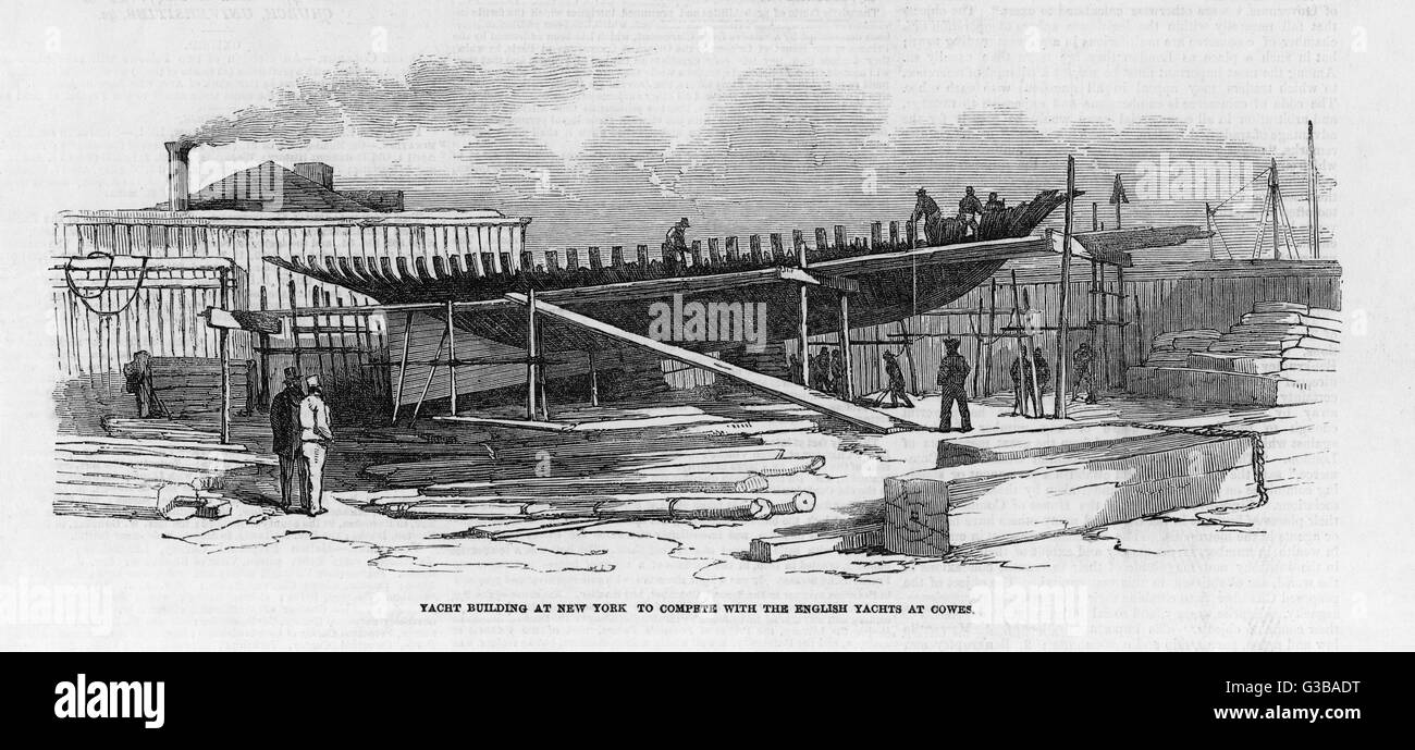 Bau der Yacht "America" in New York: am 22. August gewinnt sie das Segeln-Match in Cowes für den Club-Cup: das Rennen danach bekannt als "Amerikas Cup" Rennen.     Datum: 1851 Stockfoto