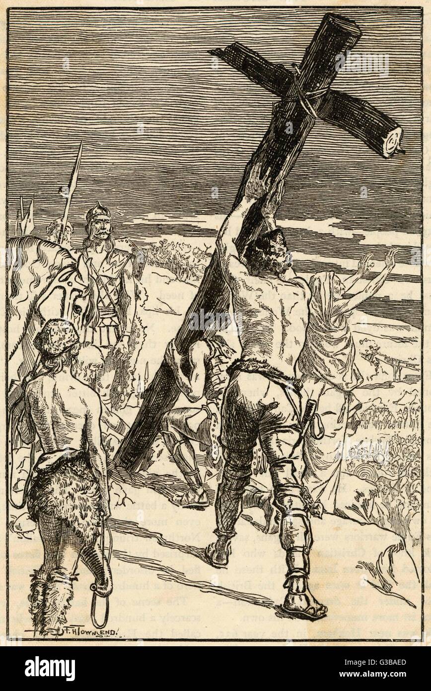 König Oswald von Northumbria gründet ein Kreuz am Hefenfelth (des Himmels Feld) vor einer Schlacht &amp; siegreich. Das Kreuz wird ein Ort der Wunder und Heilung.     Datum: 634 Stockfoto