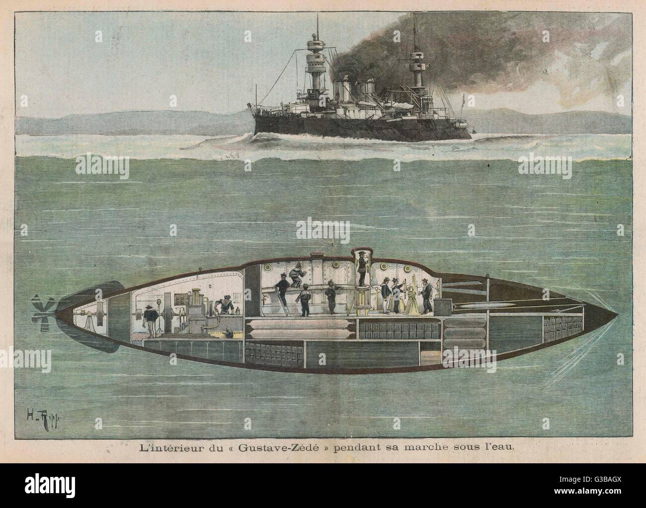 "Gustave Zede" ist eines der weltweit ersten erfolgreichen u-Boote, Durchführung von 2500 + Tauchgänge ohne Panne: sie ist die erste u-Boot mit einem Periskop ausgerüstet werden.     Datum: Startete 1893 Stockfoto