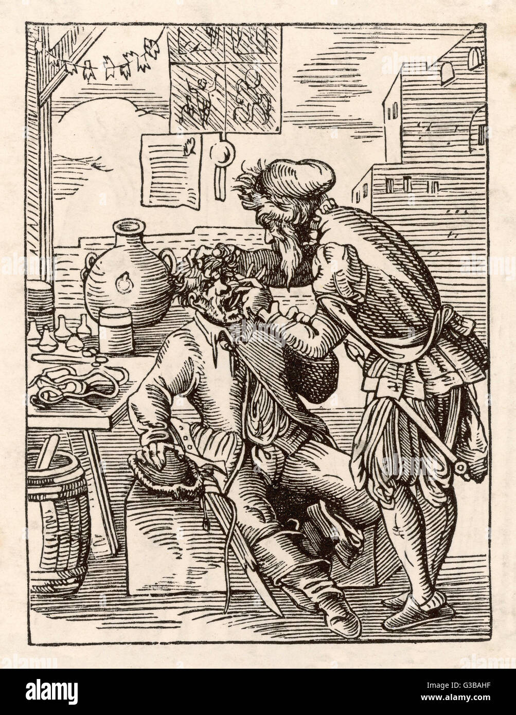 Ein Barbier-Chirurgen behandelt ein Patient unter freiem Himmel.         Datum: 1568 Stockfoto
