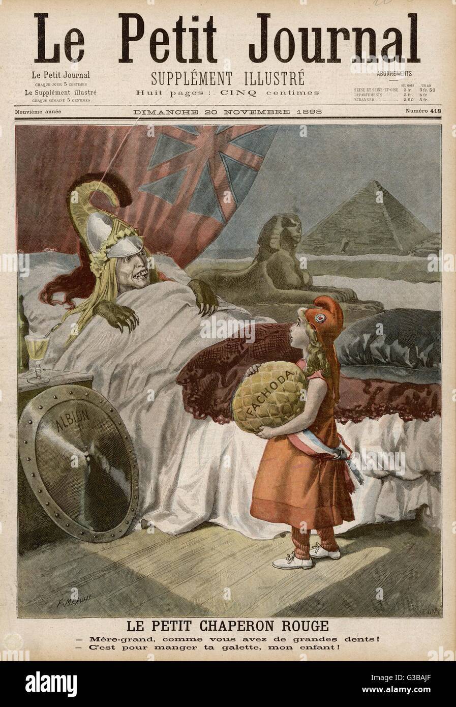 Britannia gesehen als der große böse Wolf zum Zeitpunkt des Vorfalls sénégalais, ein Territorium streiten im Südsudan zwischen Kitcheners Anglo-ägyptischen Armee und Marchand Französisch Datum: 1898 Stockfoto