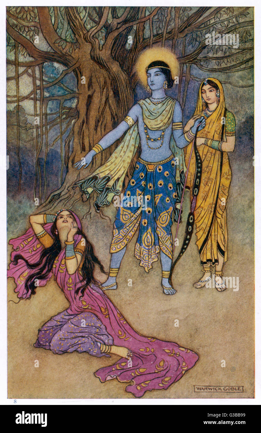 RAMA, der siebte Avatara von Vishnu, ist durch Shurpanakha, ein Rakshasa (Dämon) versucht, aber er verschmäht sie, wofür sie Rache zu suchen... Stockfoto