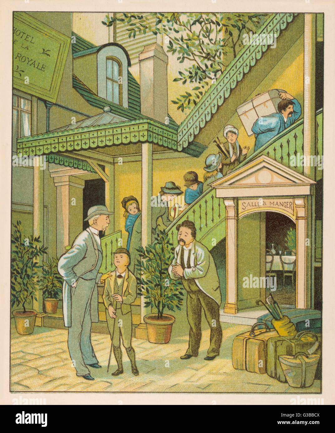 Eine Gruppe von englischen Touristen kommen in ein Landhotel.   Mama nimmt die Kinder in ihre Zimmer während Papa Abendessen mit dem Chef erläutert.     Datum: 1882 Stockfoto