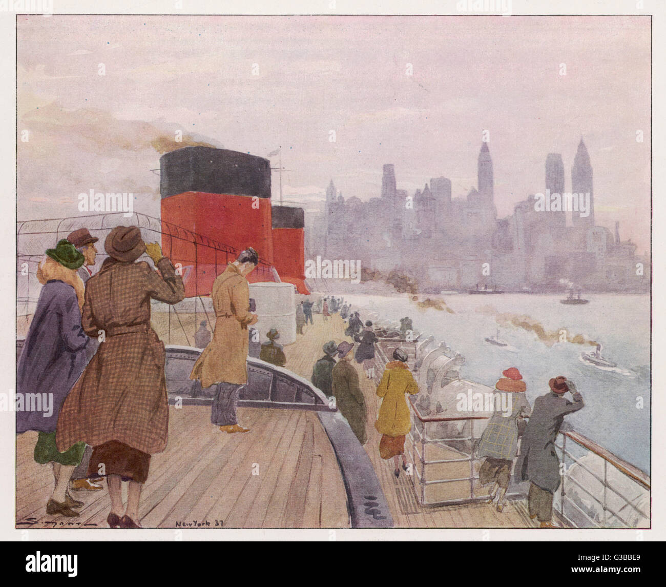 Ankunft im Hafen von New York an Bord der "Normandie" - einige Häfen bieten Ihnen die Möglichkeit zu verankern im Herzen einer Großstadt und nicht ganz so spektakulär wie dieser!     Datum: 1937 Stockfoto