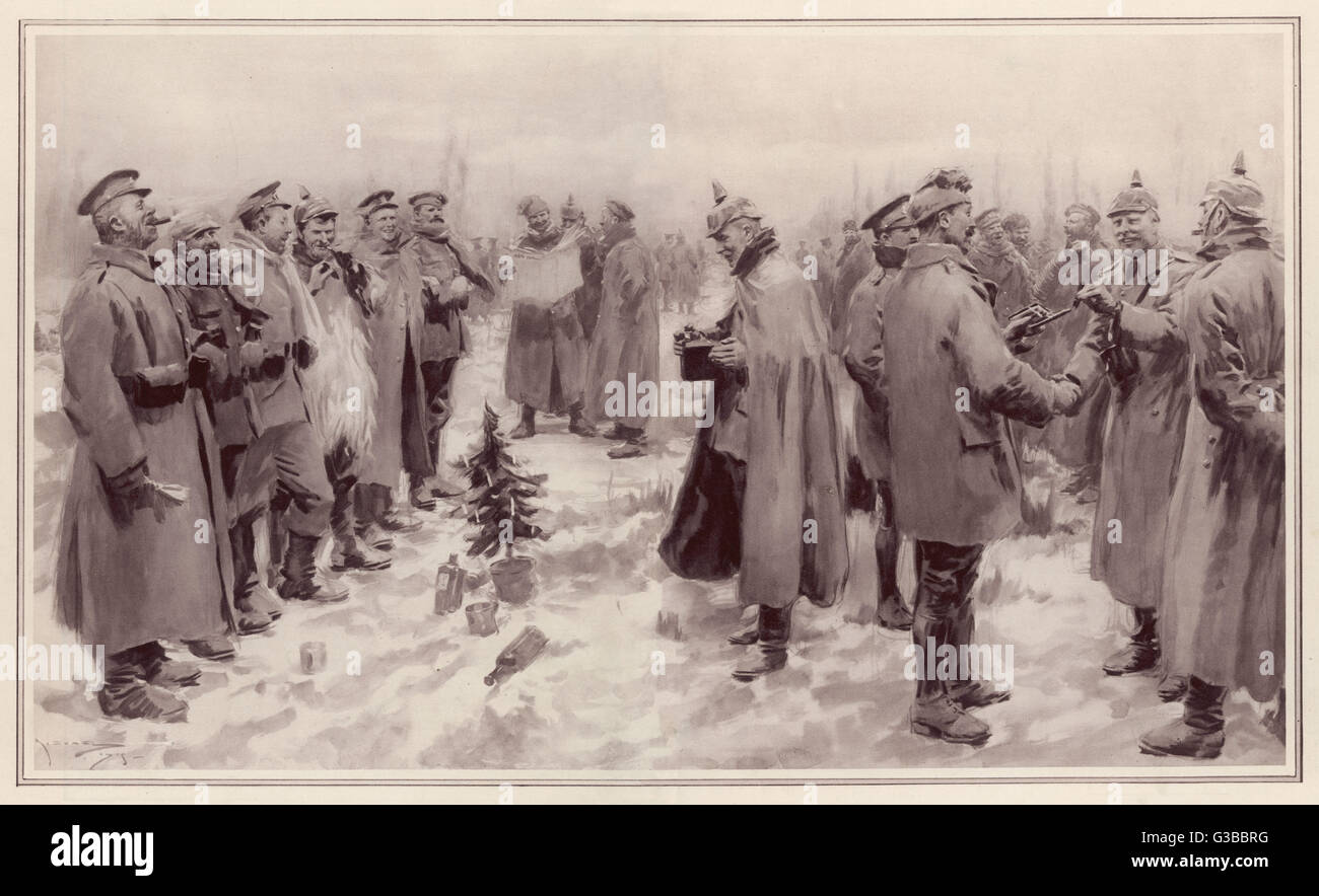 Britischen und deutschen Truppen auf dem Schlachtfeld am Heiligabend, Gruß miteinander und den Austausch von Goodwill, verbrüdern und sind sogar zusammen fotografiert.     Datum: 24. Dezember 1914 Stockfoto