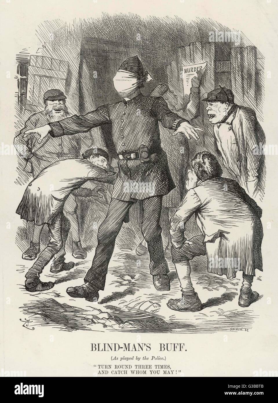 Satire auf die Unfähigkeit der Polizei unter Bezugnahme auf die Jack die Ripper Mord Anfrage bemerkt.  Blindekuh - 3 mal drehen und fangen, die Sie können.      Datum: 1888 Stockfoto