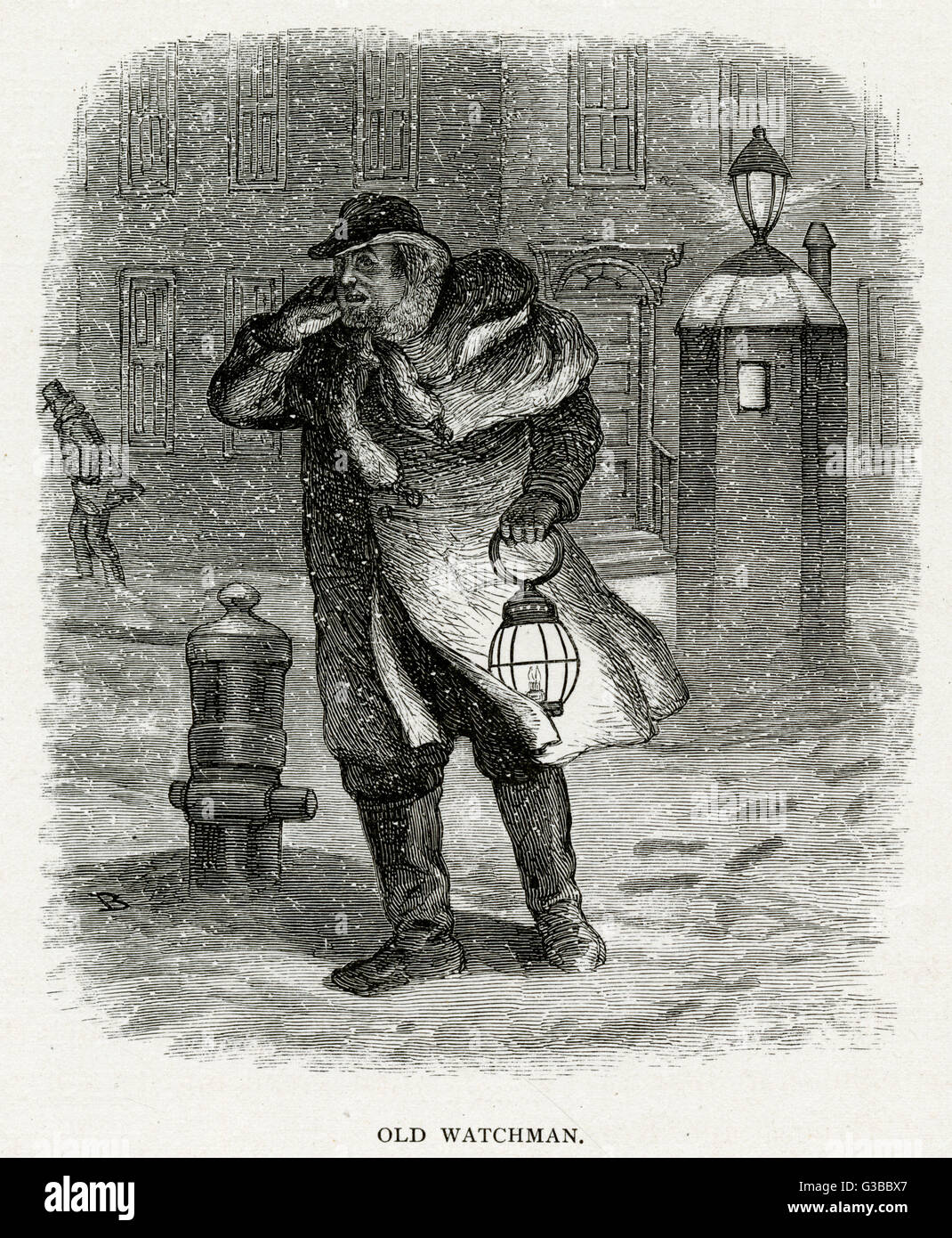 Ein Nachtwächter in den verschneiten Straßen von Philadelphia.         Datum: Anfang des 19. Jahrhunderts Stockfoto