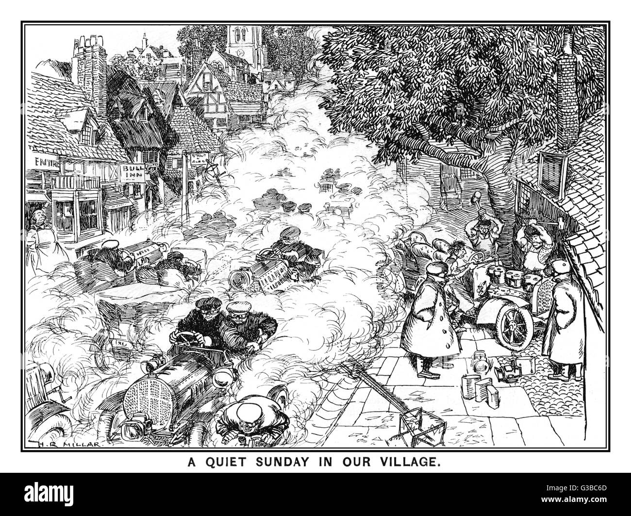 "Ein ruhiger Sonntag in unserem Dorf".  Autos, Verkehr, Lärm, Luftverschmutzung und allgemeinen Chaos in ein kleines Dorf zu bringen.     Datum: 1906 Stockfoto