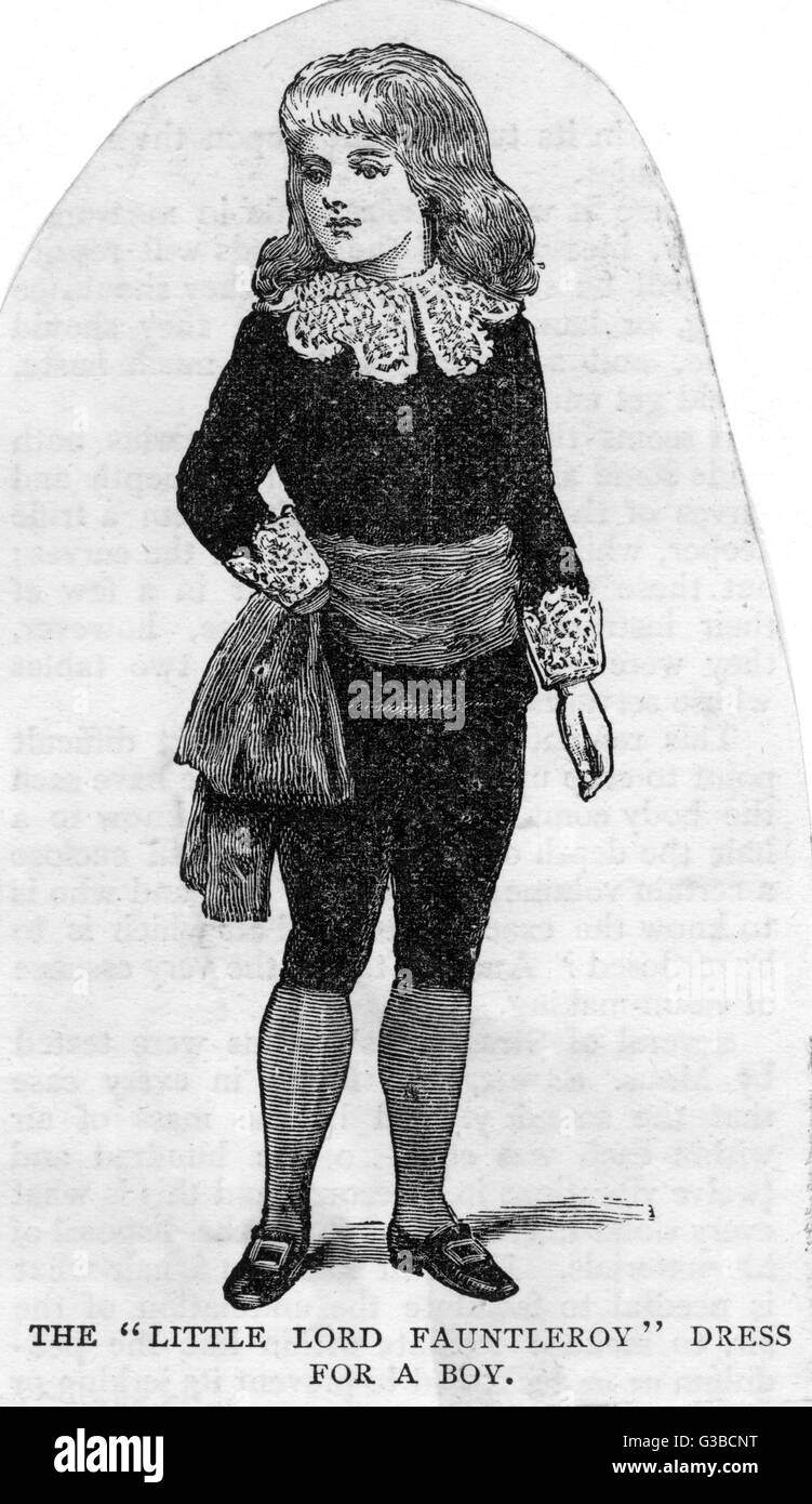 Cavalier-Kostüm (ein Stil, der 1886 Hodgson Burnett Roman Pre-Termine): Knickerbocker, fallende Spitzenkragen, samt Tunika &amp; Manschetten, Schärpe mit Bogen auf einer Hüfte &amp; Schnalle Schuhe.      Datum: 1889 Stockfoto