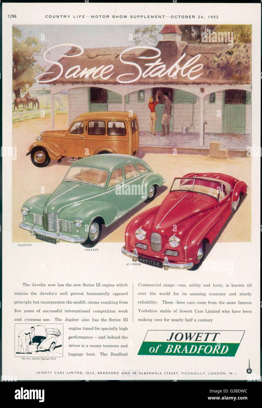 DREI JOWETT-MODELLE 1952 Stockfoto