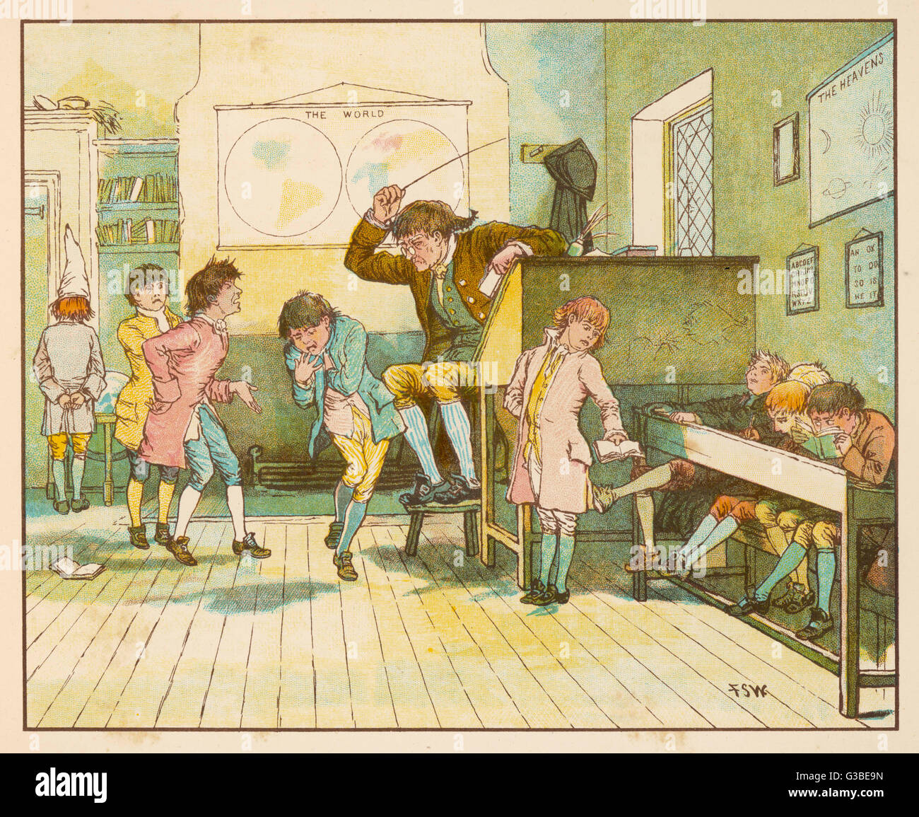 Ein Kreuz Lehrer schlägt seinen Schülern in der Dorfschule.        Datum: Anfang des 19. Jahrhunderts Stockfoto