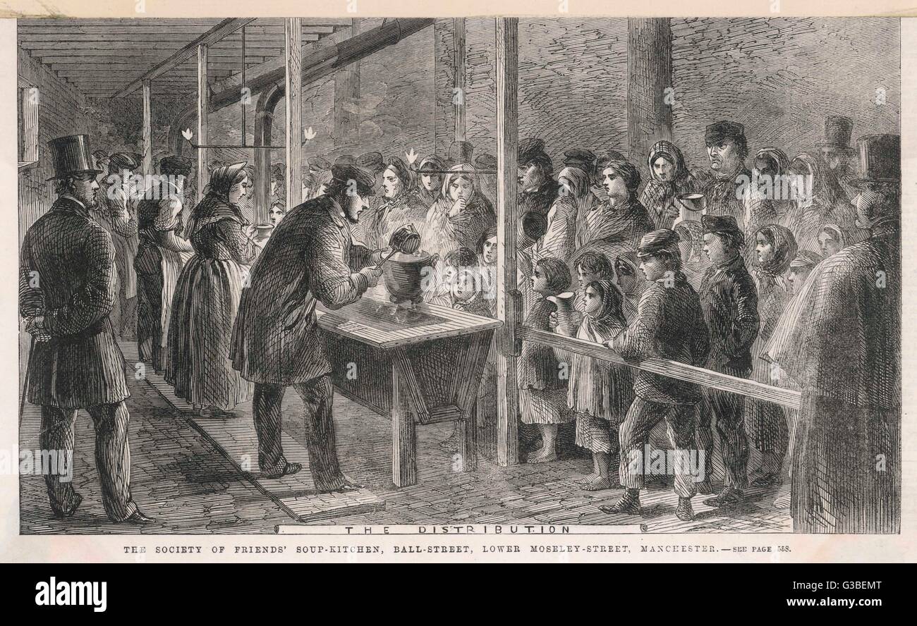 Die "Baumwolle Hungersnot", erstellt von dem amerikanischen Bürgerkrieg verursacht großen Not im Bezirk Lancashire Mühle: die Quäker laufen eine Suppenküche, Manchester zu ernähren ist verzweifelt.     Datum: 1862 Stockfoto