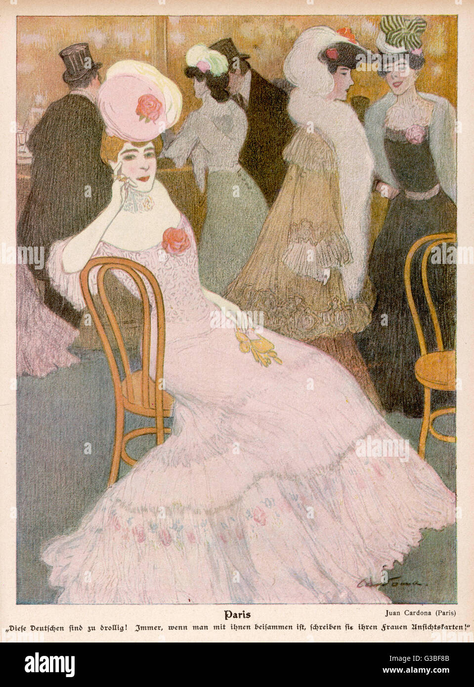 Eine modische Pariserin in einem rosa Kleid mit einer transluzenten Joch &amp; floral Corsage und einen fließenden Rock, an den Hüften ausgestattet &amp; Kaskadierung, plissierte Volant mit gestickten Rosen Datum: 1906 Stockfoto