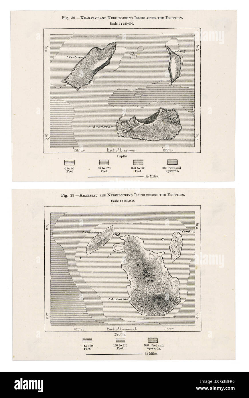 Krakatau und benachbarten Inselchen vor und nach der Eruption.        Datum: 19. Jahrhundert Stockfoto