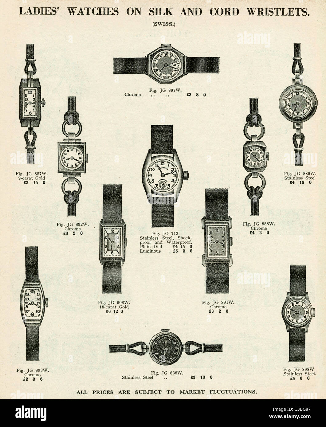 Armbanduhren für Damen mit Seide- und Kordelriemen 1937 Stockfoto