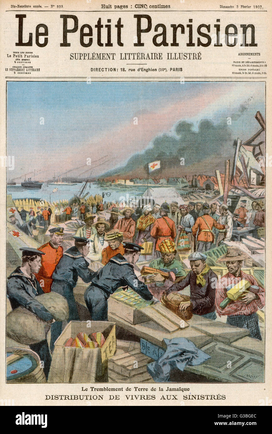 Als Jamaika durch ein Erdbeben verwüstet, die Royal Navy bringt Essen und liefert für die Opfer.      Datum: Januar 1907 Stockfoto