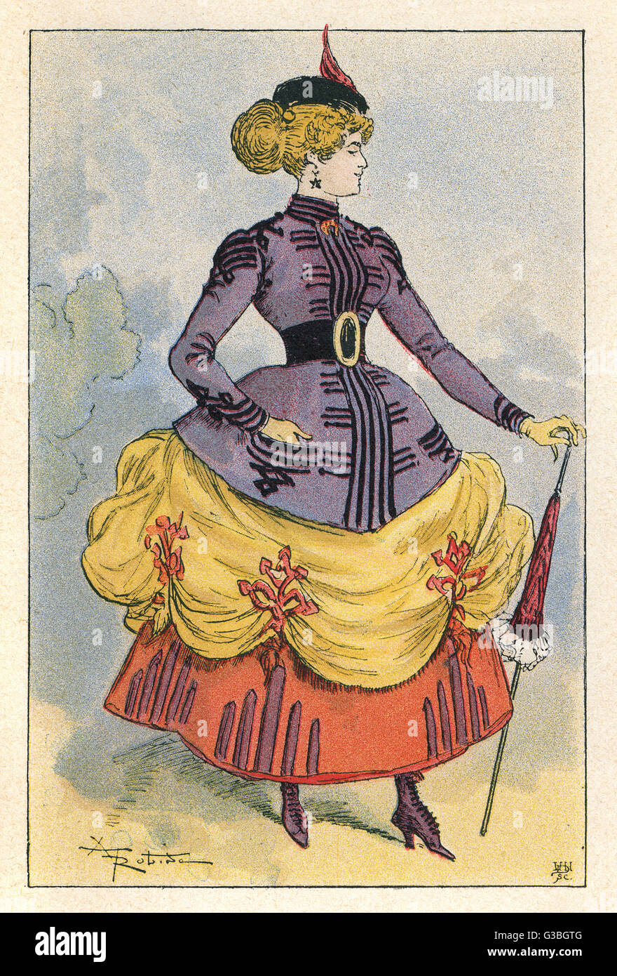 Die Vogue für kurze, hitched Up Röcke enthüllt farbenfrohe Petticoats &amp; Stiefel war ursprünglich eine englische Mode, die später von den Franzosen übernommen.     Datum: 1864 Stockfoto