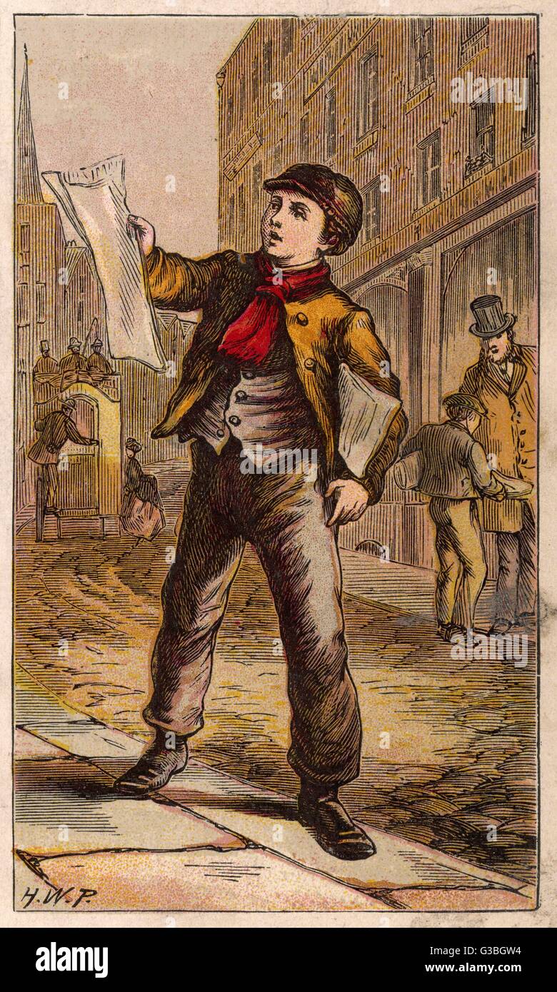 Ein London Zeitungsjunge, in roten Schalldämpfer und Schirmmütze, verkauft Zeitungen auf der Straße.      Datum: um 1870 Stockfoto
