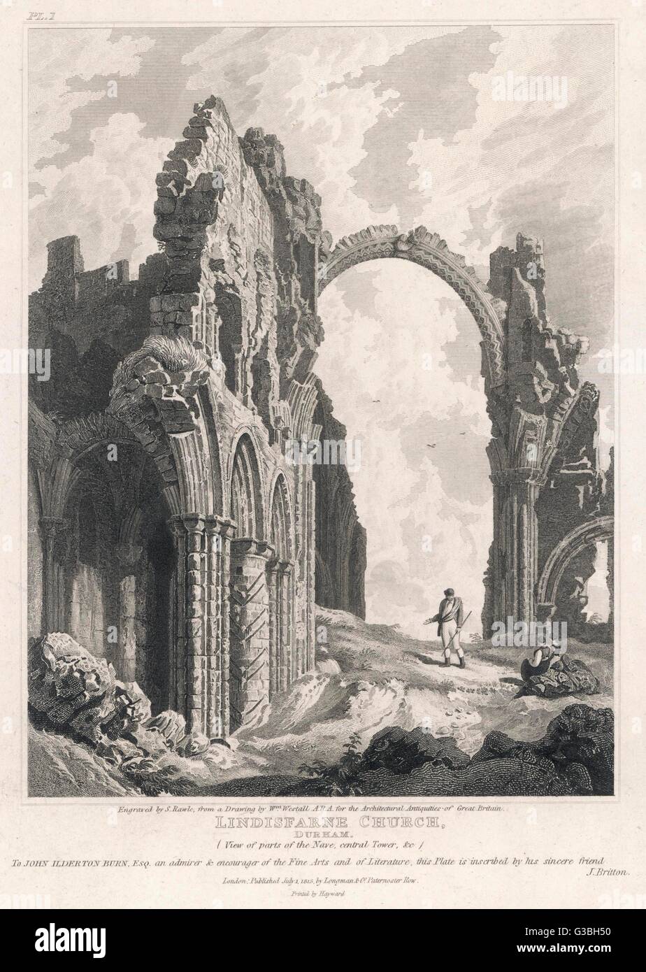 Die zerstörten Klosterkirche von Lindisfarne, Holy Island, Northumbria, die Insel nur bei Flut ist, sonst ist es zu Fuß erreichbar.     Datum: 1813 Stockfoto