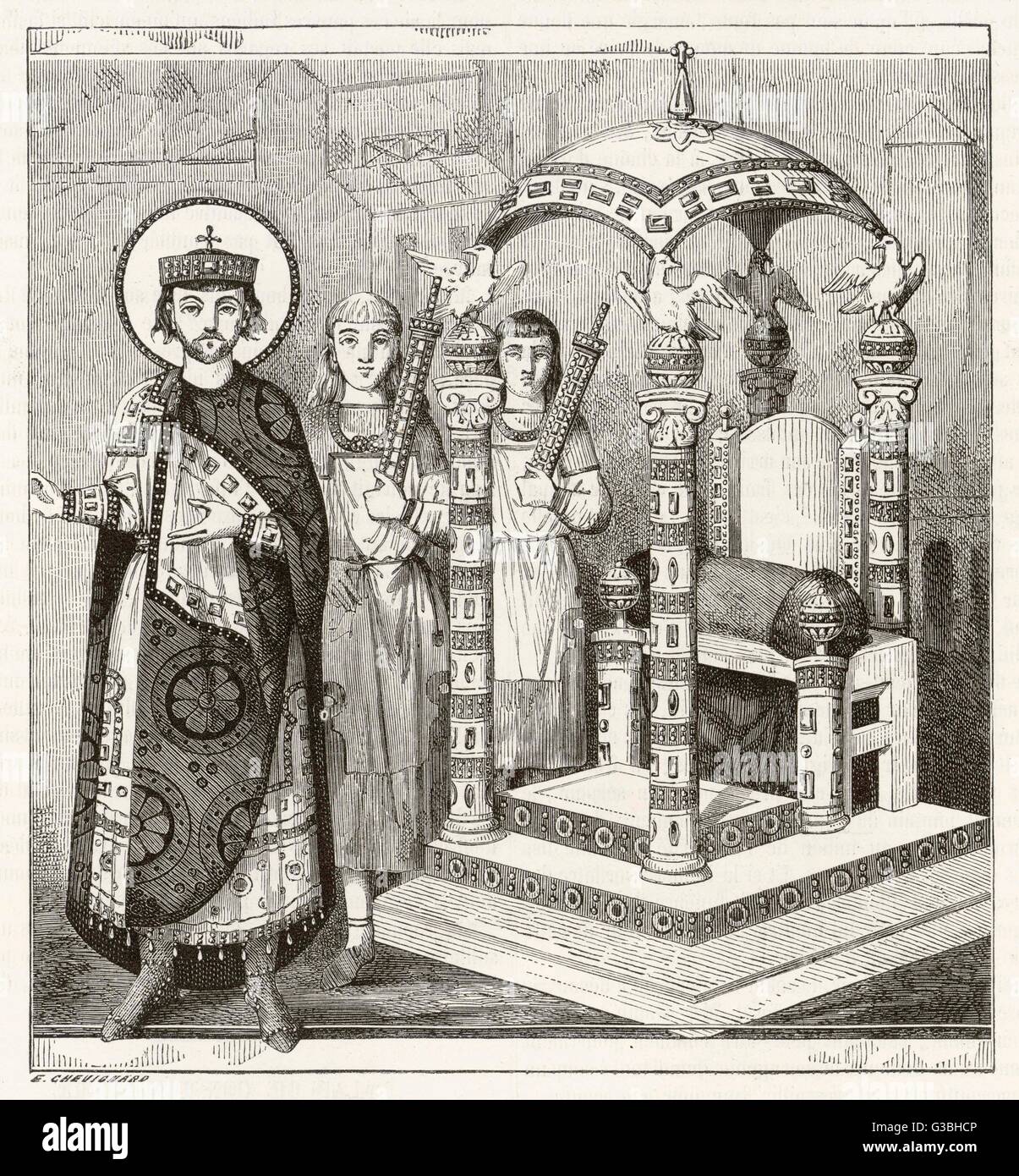 Den Thron eines byzantinischen Kaisers, aus denen im Ornament wahrscheinlich fehlt es in Komfort.      Datum: 9. Jahrhundert Stockfoto