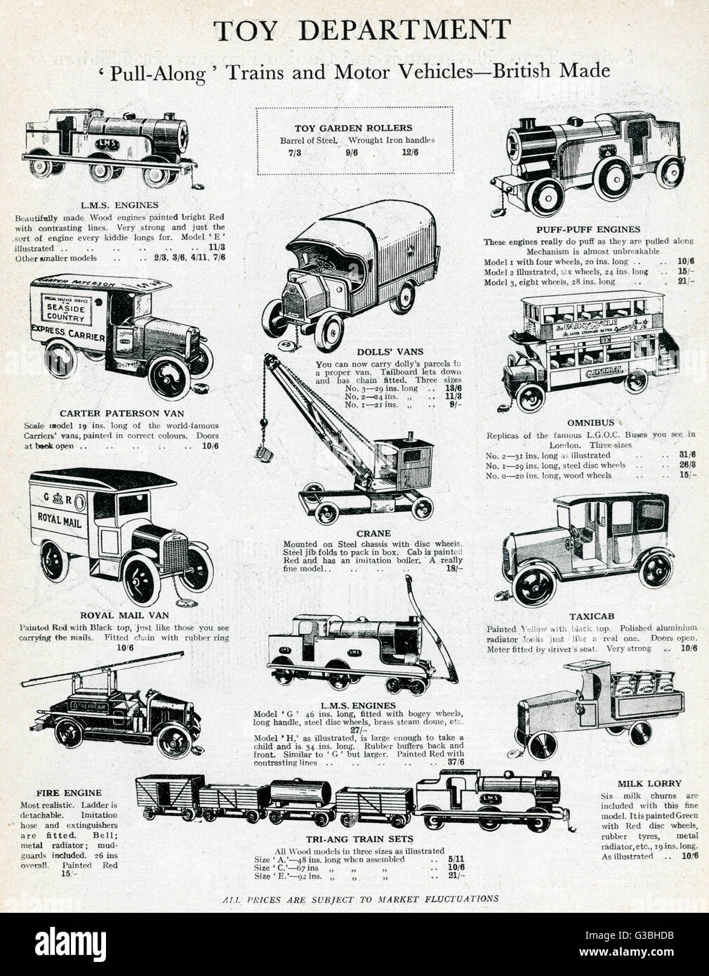 Seite aus einem Katalog Spielzeugzüge und Autos 1929 Stockfoto