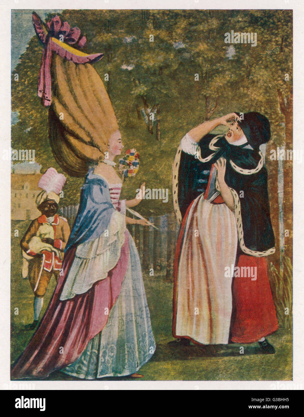 In dieser zeitgenössische Karikatur ist eine modische junge Dame, die herrliche neue Frisur, sportliche so umgewandelt, dass sie sogar ihre eigene Mutter nicht erkennt.     Datum: ca. 1772 Stockfoto