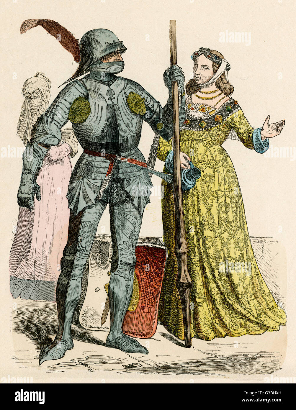 Deutsche Ritter und seine Dame. Er trägt einen vollständigen Anzug Rüstung, trägt sie eine kunstvoll gemusterten Kleid und einem Burlet und Barbette auf geflochtenem Haar.     Datum: 15. Jahrhundert Stockfoto