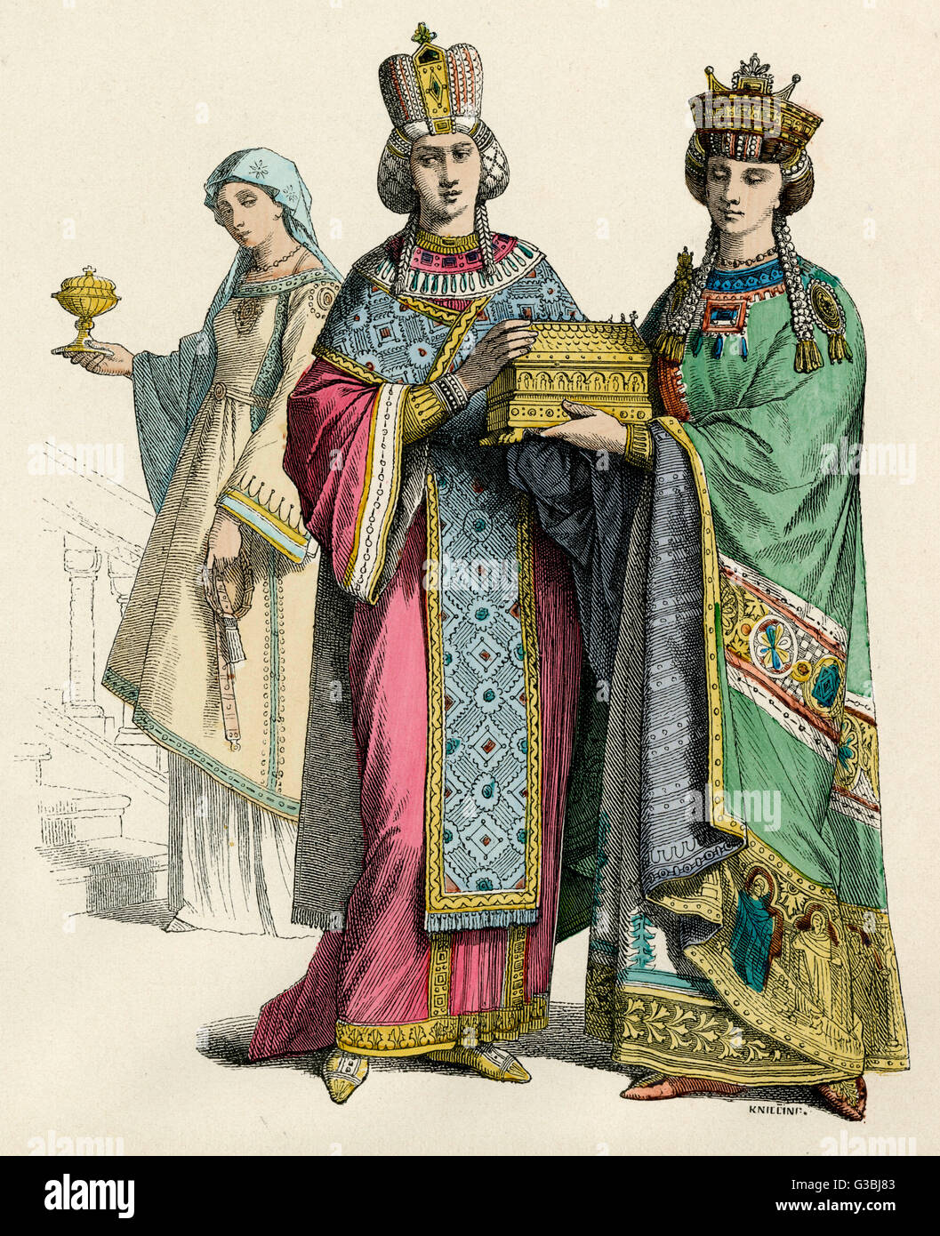Kunstvoll gemusterte Kleidung eines byzantinischen Kaiserin &amp; Prinzessin.  Ihre Begleitperson oder Magd wird ebenfalls angezeigt.    ca. 4. Jahrhundert Stockfoto