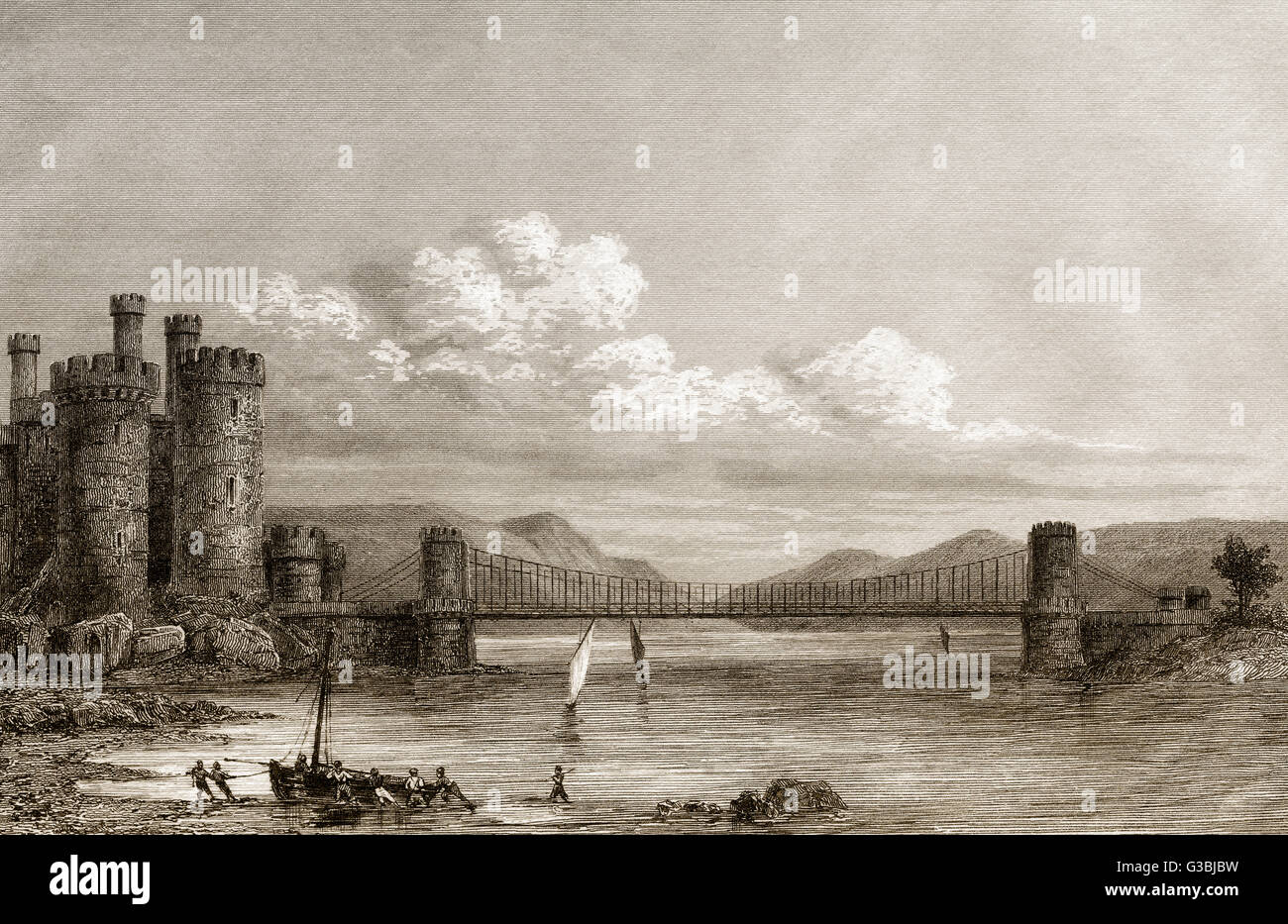 Conwy Hängebrücke, Conwy, North Wales, England, 19. Jahrhundert Stockfoto