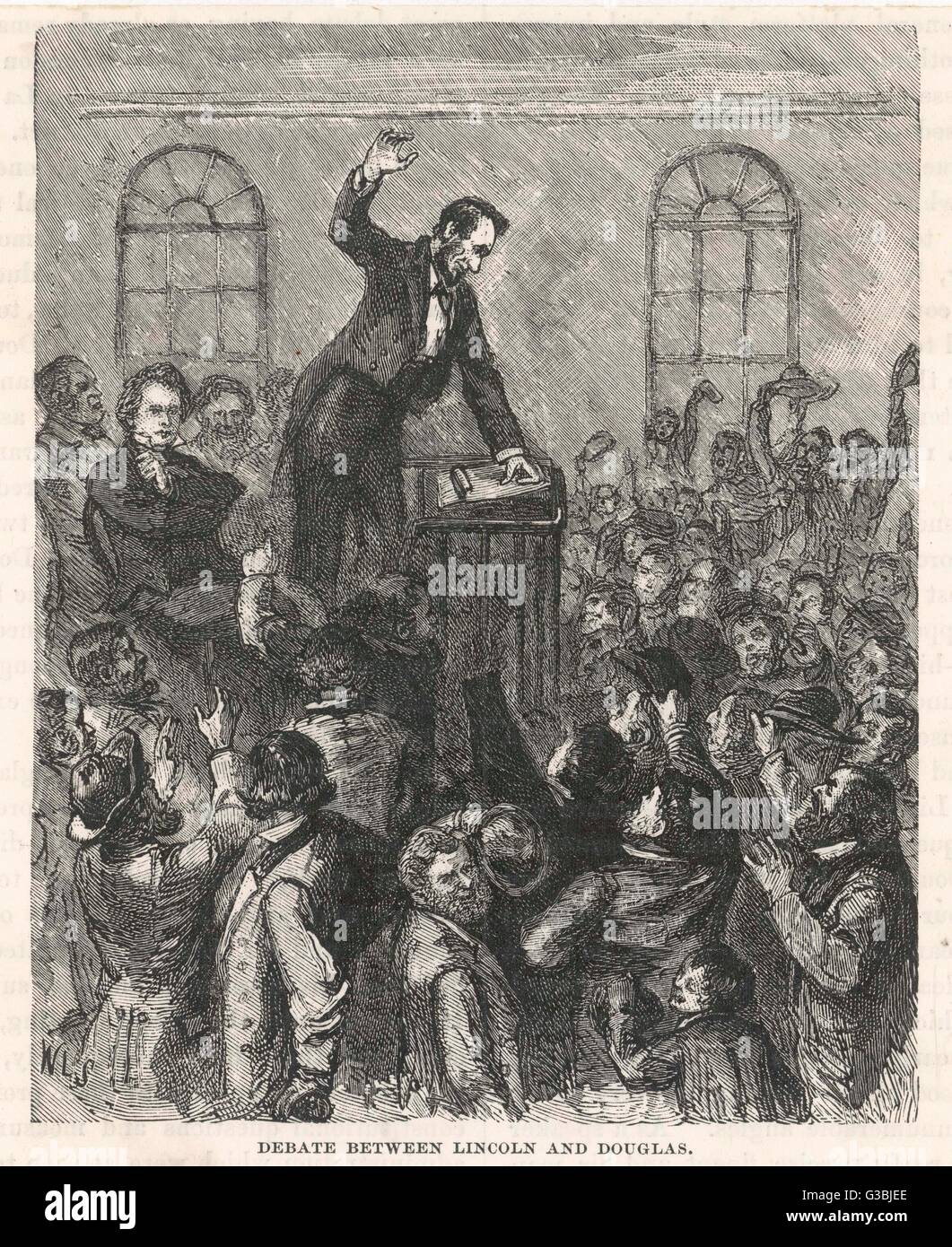 Eine Reihe von Debatten, die stattfand zwischen Stephen Douglas und Abraham Lincoln.Douglas unterstützt den Kansas-Nebraska Act, während Lincoln dagegen.      Datum: 1858 Stockfoto
