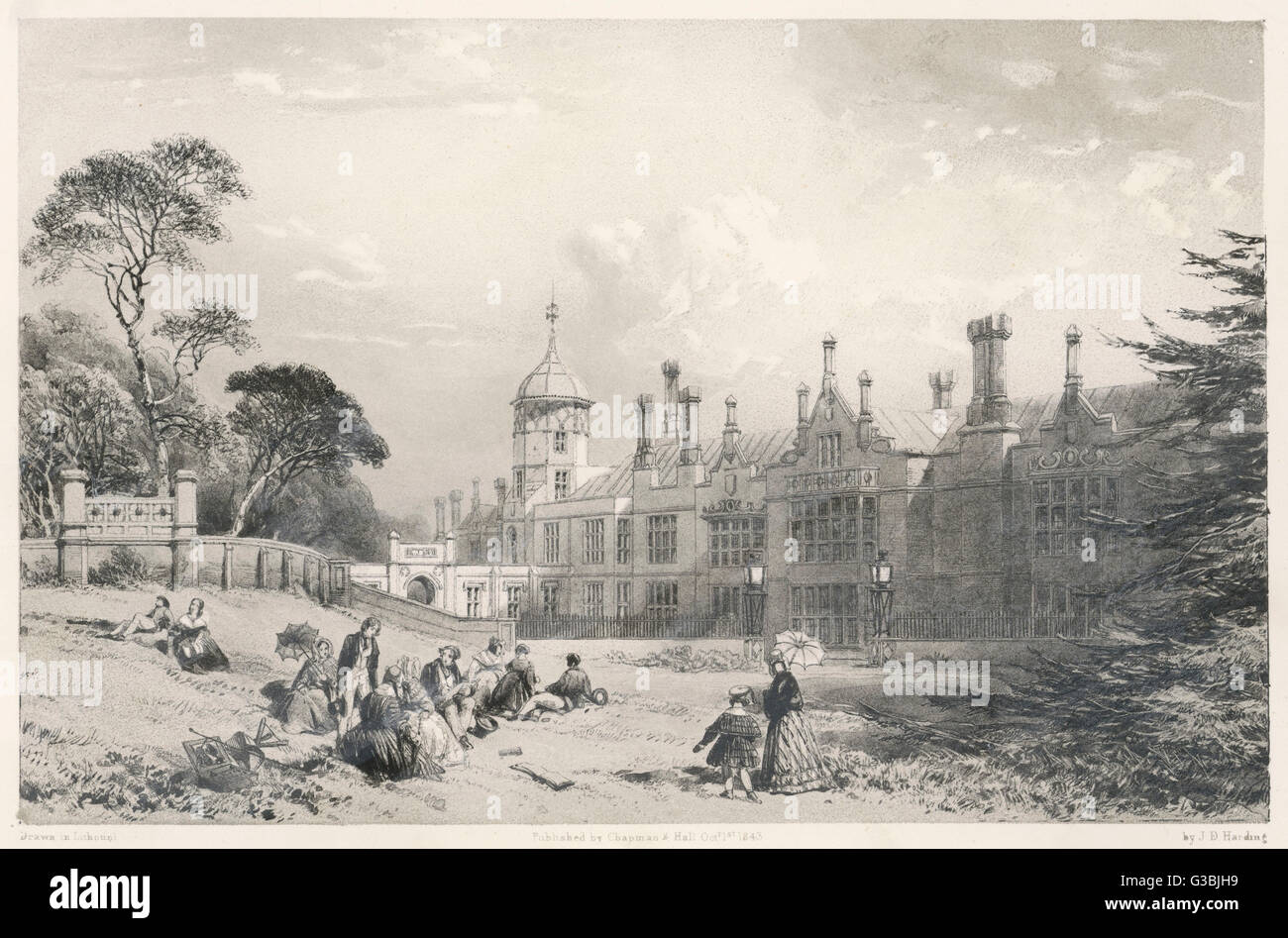 Cobham Hall in der Nähe von Chatham in Kent. Eine Gruppe von Tagesausflügler zurücklehnen oder Fuß auf dem Gelände. Ein Aquarell Künstler hat seine Hocker &amp; Paint Box aufgegeben.     Datum: 1843 Stockfoto