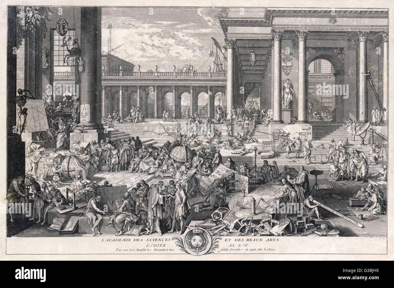 Allegorische Darstellung der Akademie zeigt Toga gekleidete Männer des Lernens umgeben von wissenschaftlichen Instrumenten Teilnahme in allen Zweigen der Arts &amp; Sciences.     Datum: 18. Jahrhundert Stockfoto
