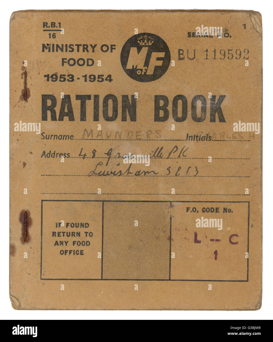 Ein Ministerium für Lebensmittel Ration buchen, beweisen, dass Rationierung dauerte mehrere Jahre nach dem zweiten Weltkrieg 1945 endete in Großbritannien.      Datum: 1953-1954 Stockfoto