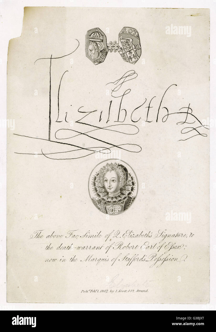Ein Faksimile der Königin Elizabeth I Unterschrift auf den Exekutionsbefehl von Robert Devereux, Graf von Essex (dieses Original veröffentlicht 1807).     Datum: 1601 Stockfoto