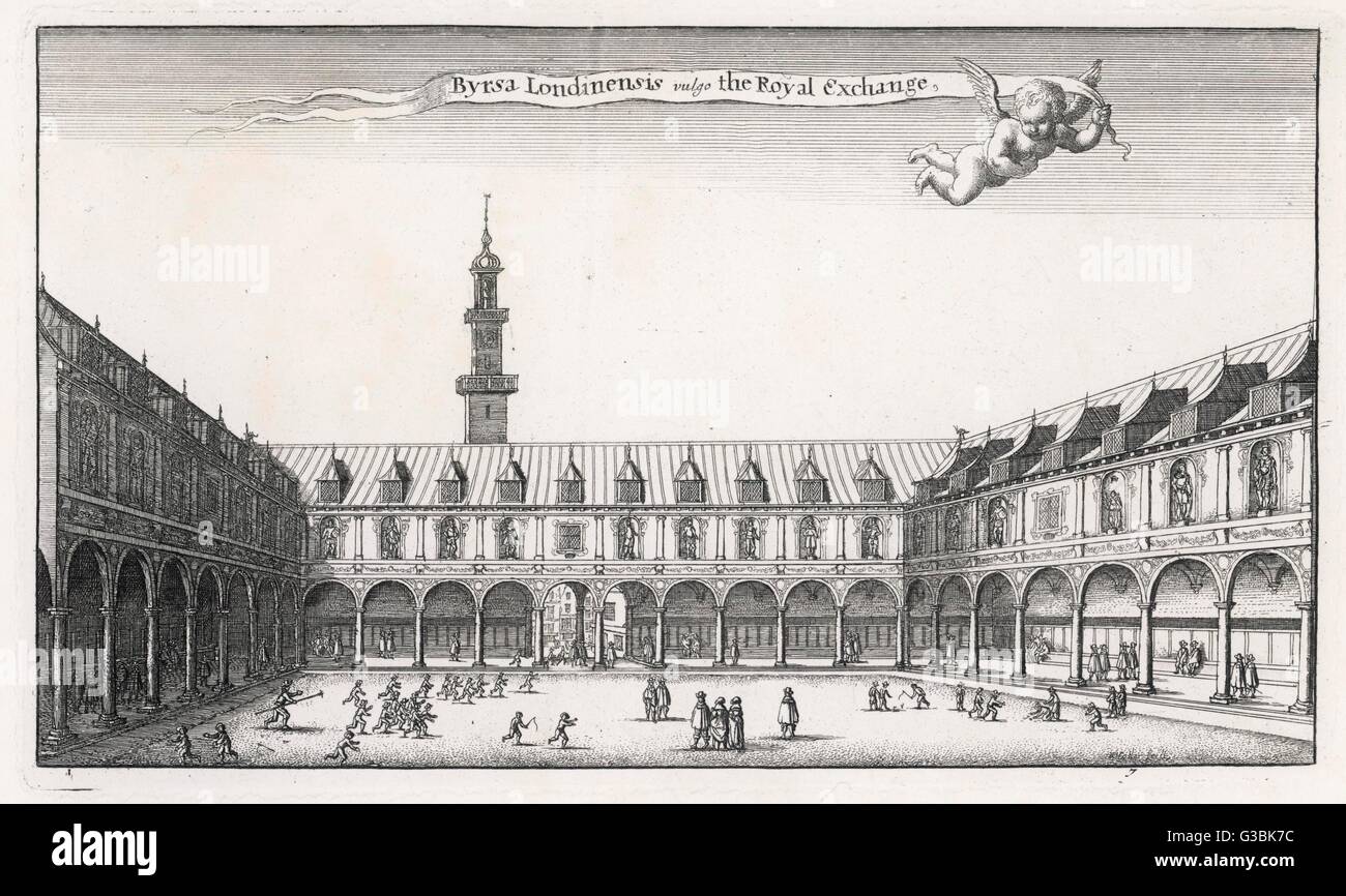 Innenhof des Thomas Greshams Royal Exchange, in Anlehnung an die Börse in Antwerpen: Leider wird es in den Großbrand von 1666 zerstört werden.     Datum: Anfang des 17. Jahrhunderts Stockfoto