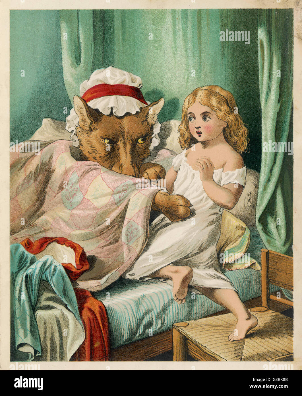 Der böse Wolf verkleidet sich als Red Riding Hood Großmutter und bittet sie, mit ihm ins Bett zu bekommen...      Datum: Ende des 19. Jahrhunderts Stockfoto