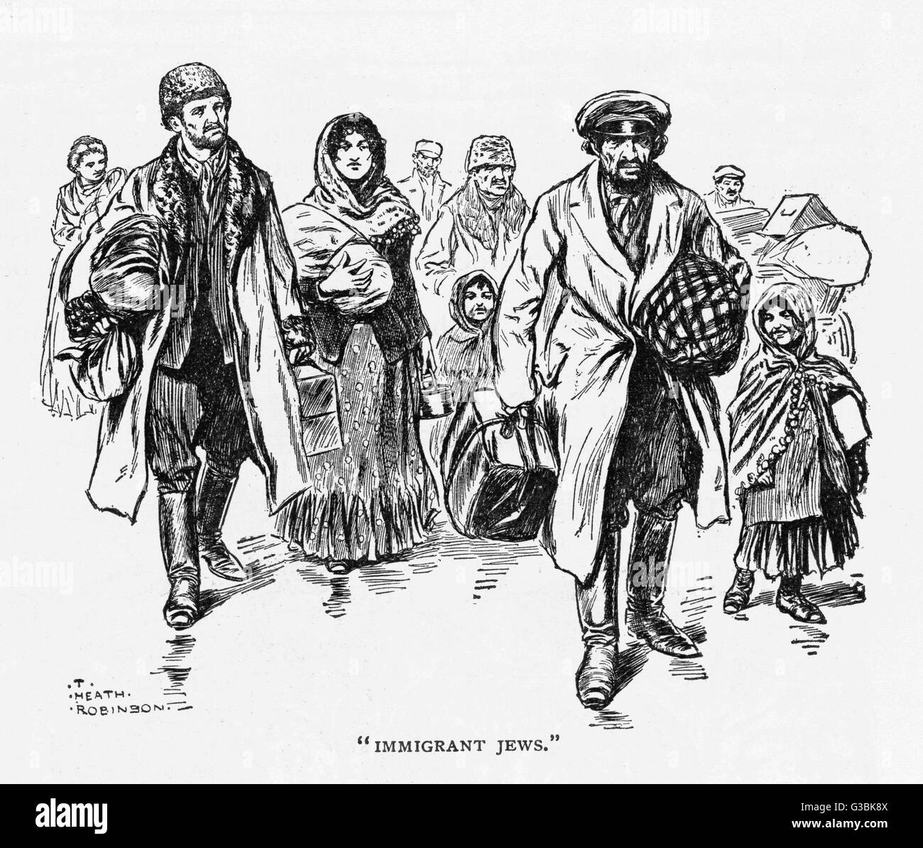 Jüdische Männer, Frauen und Kinder kommen in London tragen ihre Besitzungen in Koffern und bündeln Datum: 1905 Stockfoto