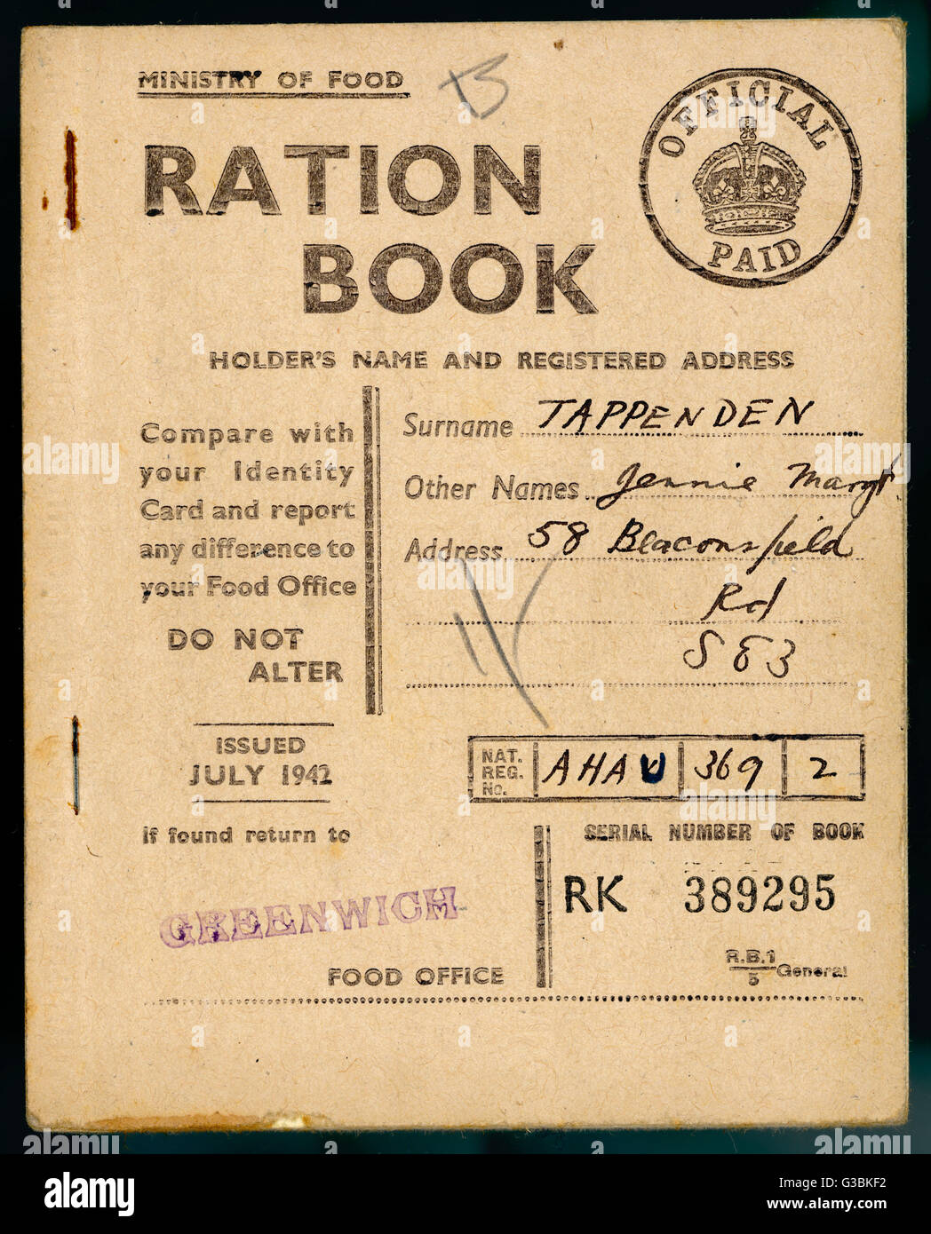 Rationierungsbuch - Rationierung - Juli 1942 Stockfoto