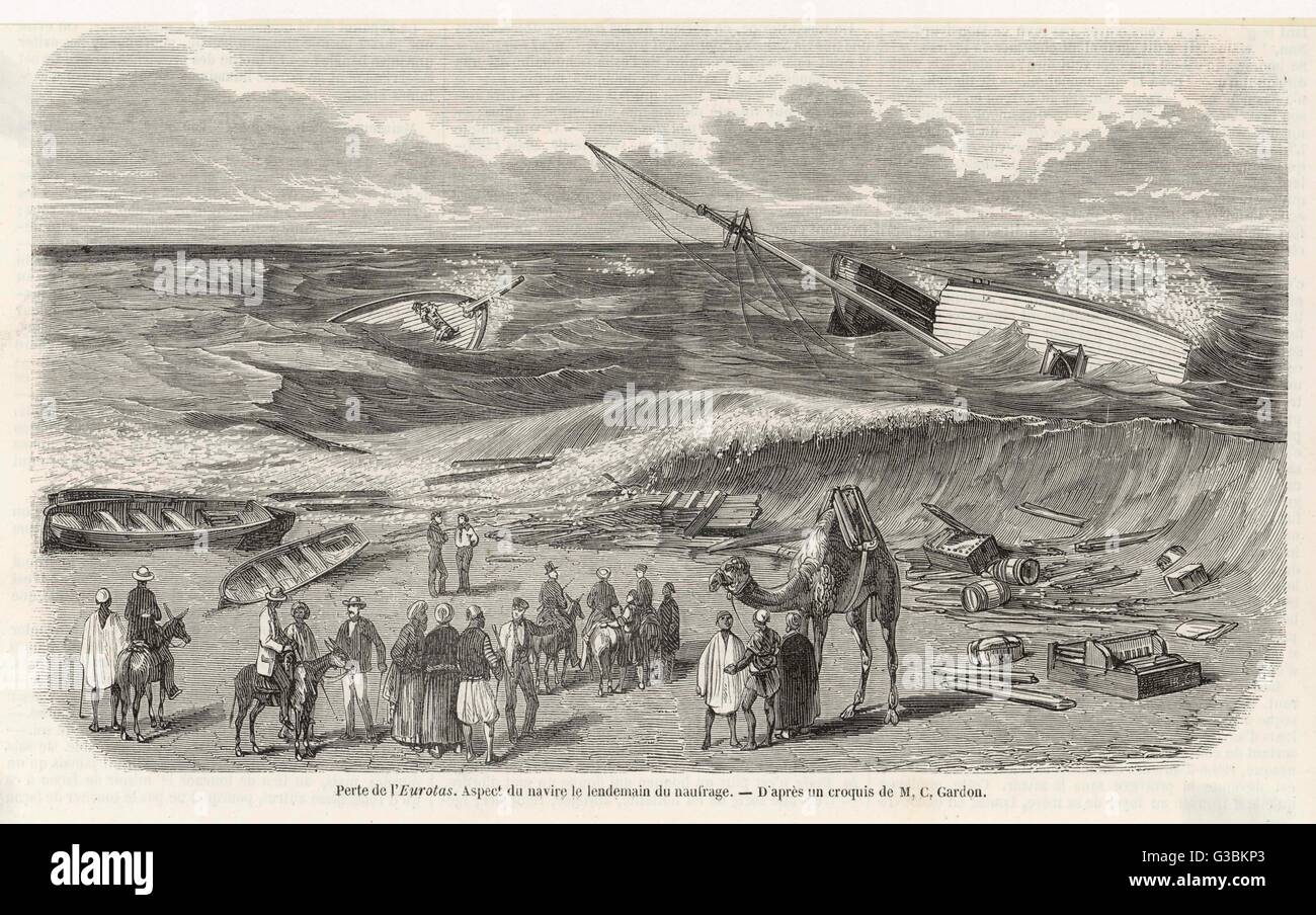 Es ist selten, dass ein Bild von einem Schiffbruch auf einem Klavier und einem Kamel, aber wenn die "Eurotas' an der nordafrikanischen Küste gestrandet ist, passiert es.  Esel, zu.     Datum: 1854 Stockfoto