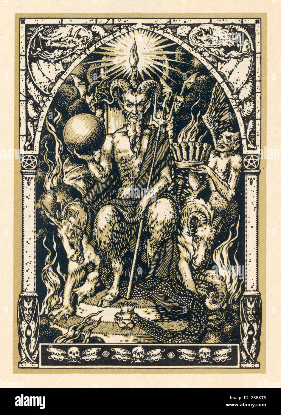 Satan führt den Vorsitz bei den Sabbat, begleitet von Dämonen im menschlichen oder tierischen Formen.       Datum: ca. 1560 Stockfoto